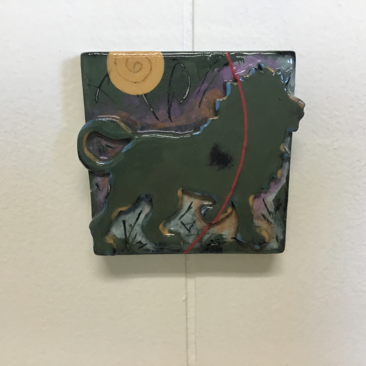 Dark Green Lion Dimensional Stoneware Art Tile on wall
